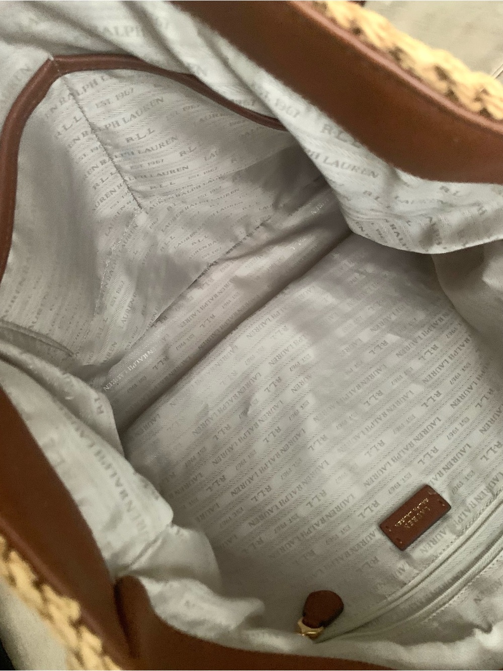 Ralph Lauren Tan Woven Straw Raffia Tote with Brown Leather Straps Gold Hardware - Picture 8 of 10